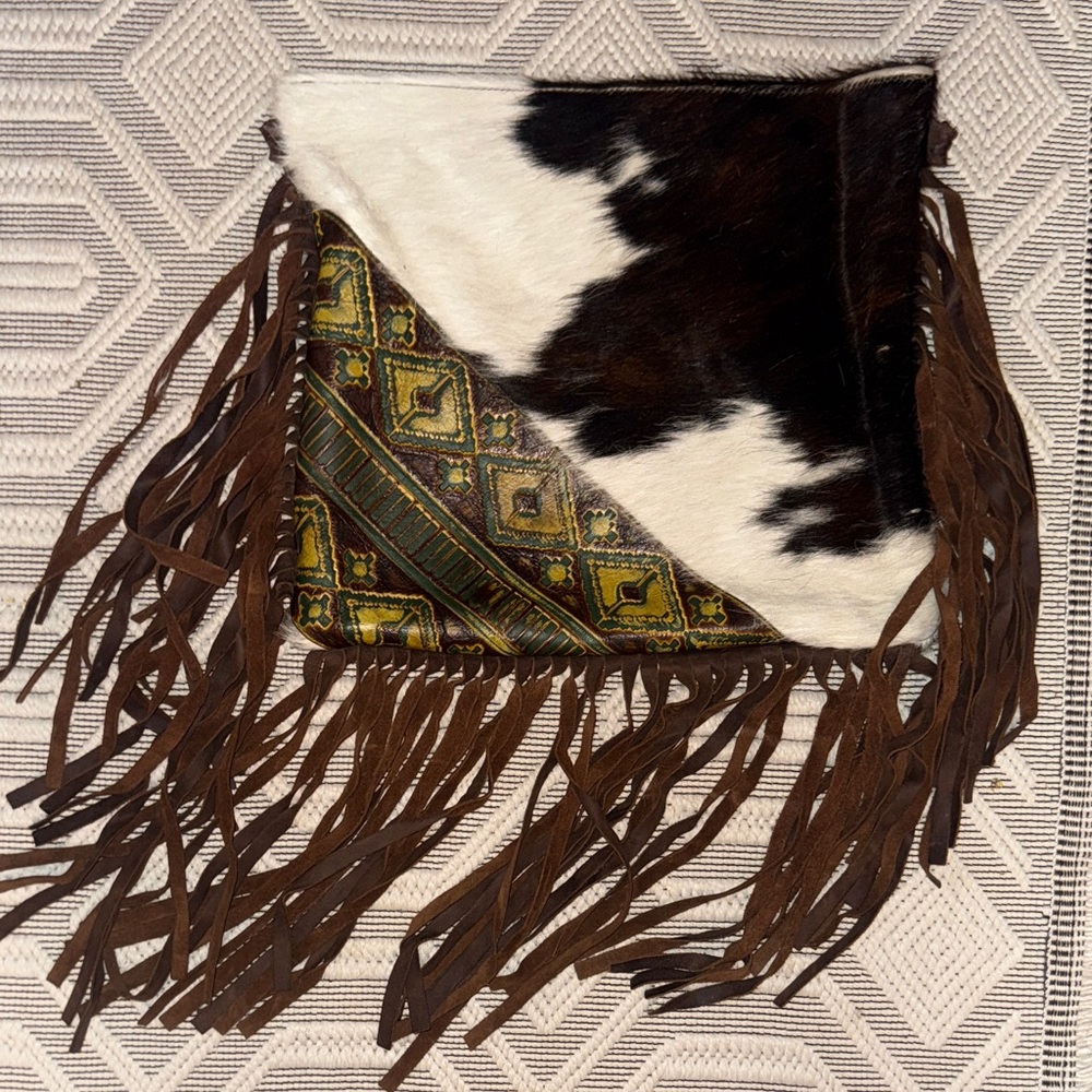 Fringe Cowhide Crossbody Bag with Patterned Panel